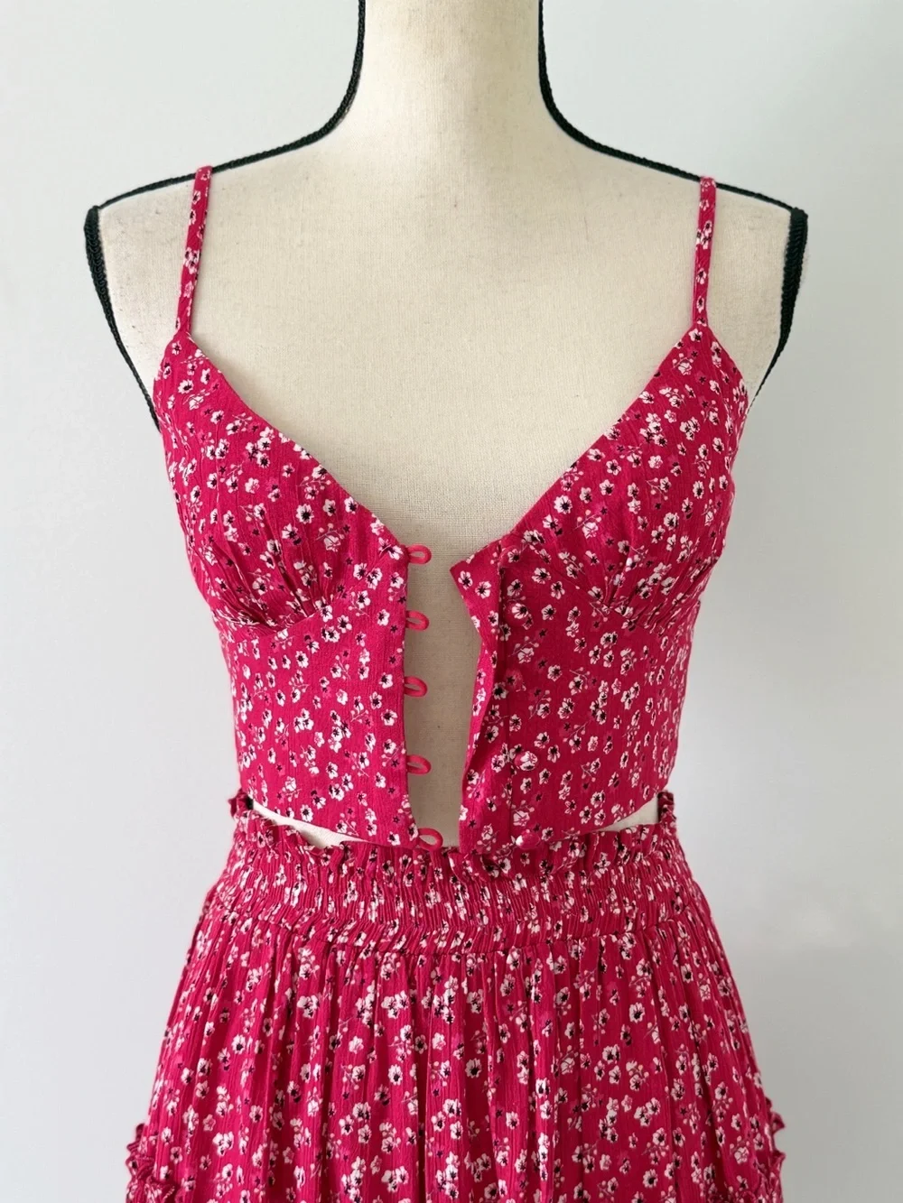 Princess Polly Shah Skirt Top Set Red Floral Crop Cami Tiered Mini Skirt US 2